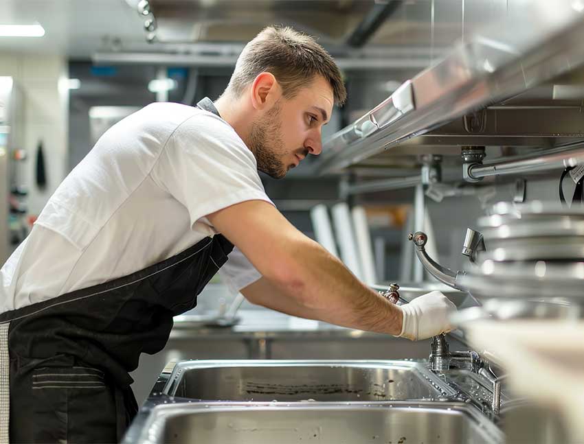Restaurant plumber cleaning clogs